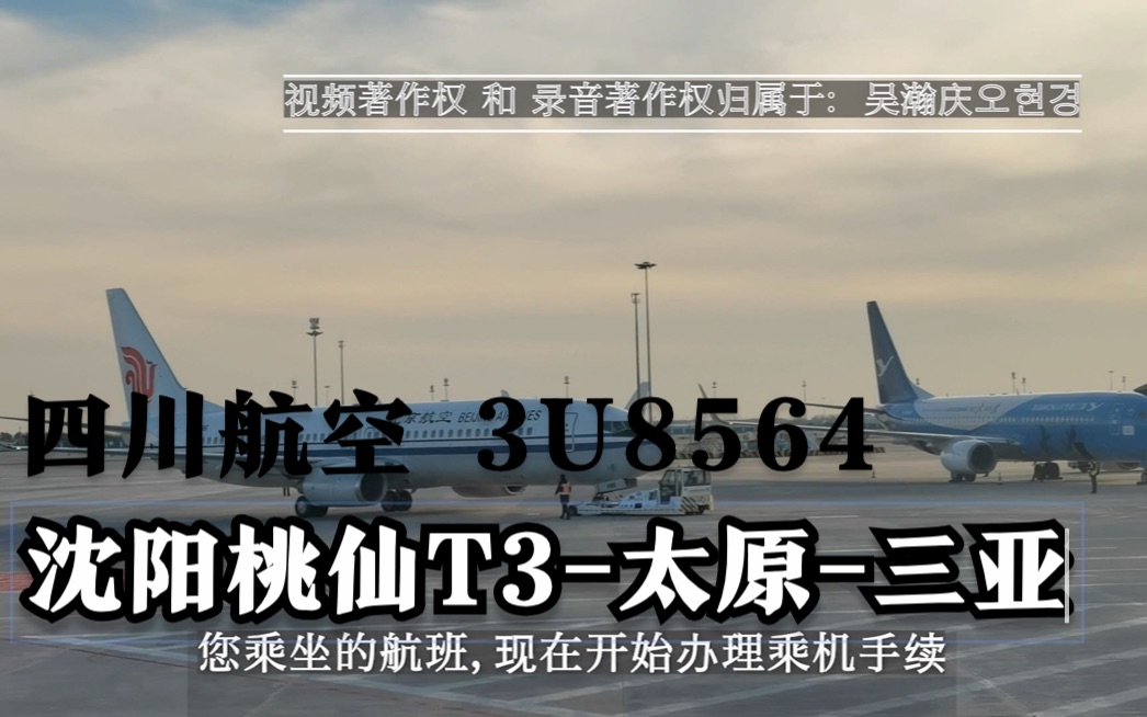 【机场自动广播】四川航空 3U8564 沈阳桃仙T3太原三亚【值机】哔哩哔哩bilibili