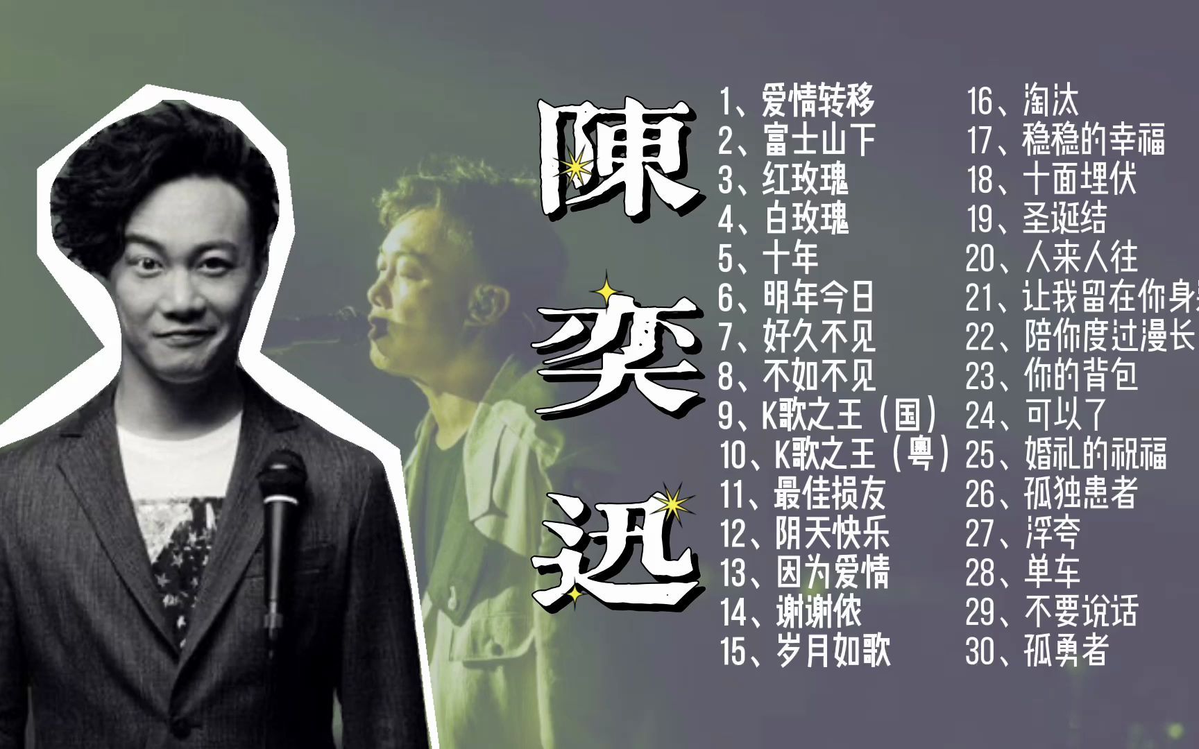 陈奕迅精选歌曲合集,10首国语粤语对应歌曲听得好过瘾,精选30首2小时纯享,快来听歌!!!经典歌曲 华语乐坛 流行歌曲 90后回忆 80后回忆哔哩哔哩...