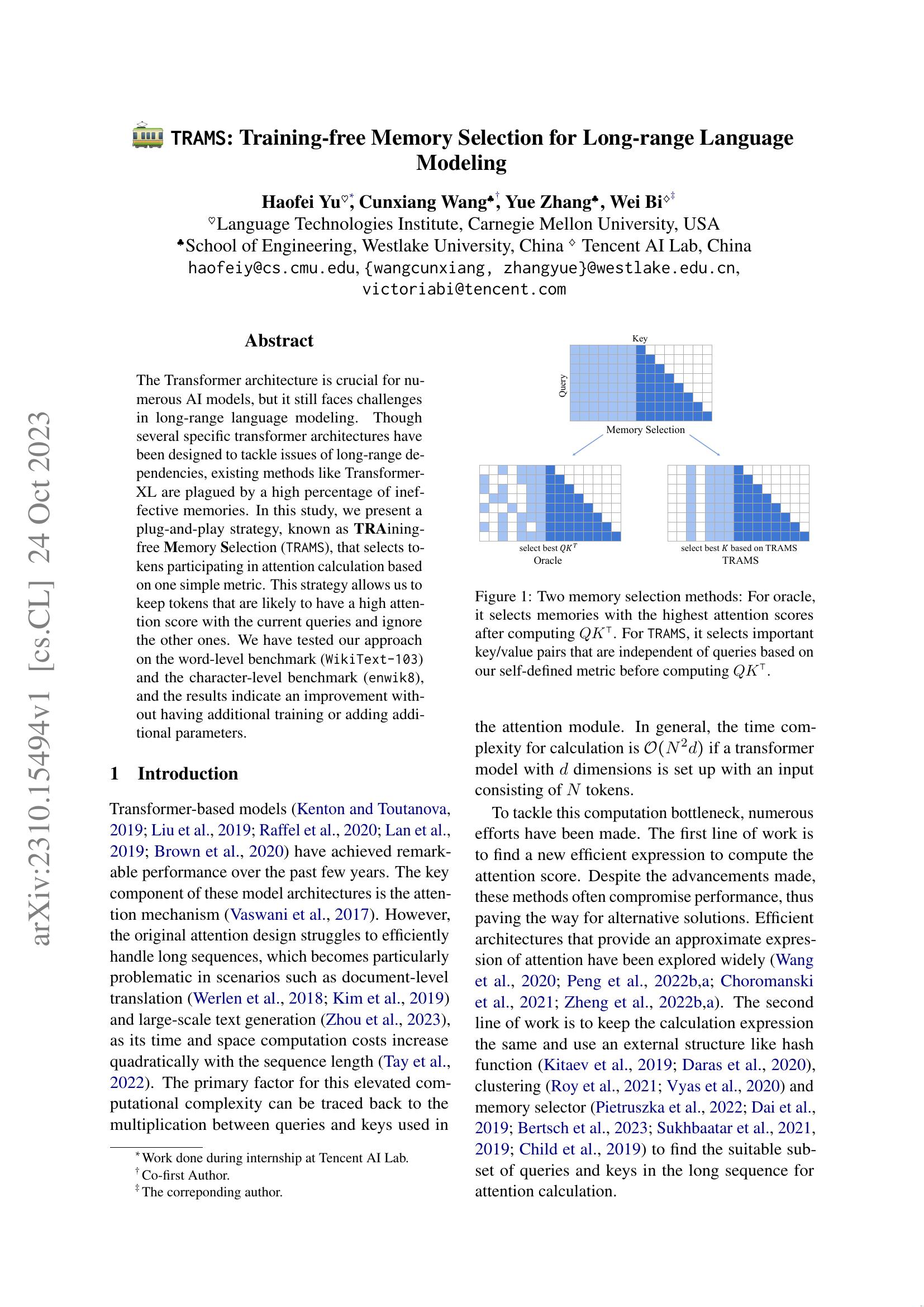 TRAMS: Trainingfree Memory Selection for Longrange Language Modeling哔哩哔哩bilibili