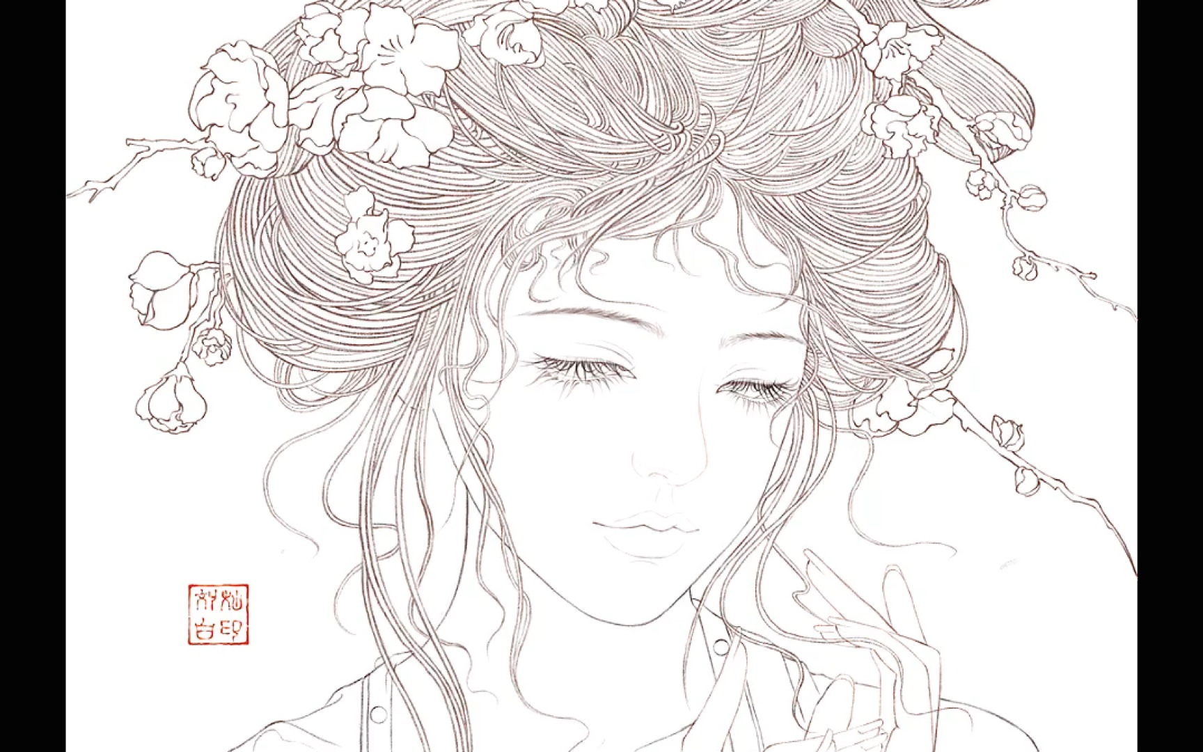 水墨古风人物线稿. 模特人物:花枝崽崽