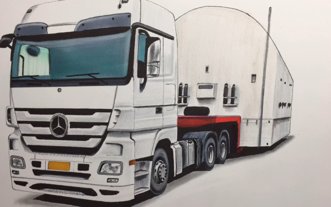 手绘奔驰半挂车,拉大件的运输车