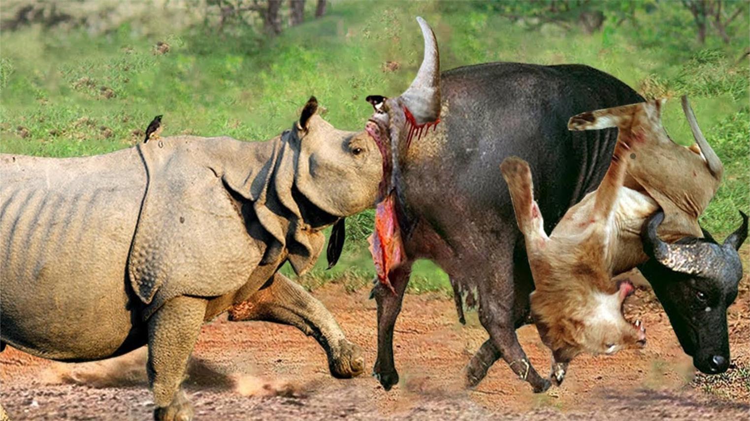 我的天啊!布法罗不断受到犀牛的攻击,尖锐的角刺入水牛的腹部.