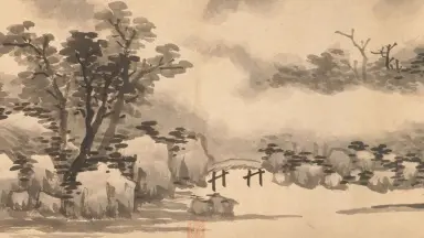 真作/春畝/桜花渓山馬子図/春景山水/山水図/掛軸☆宝船☆AG-381 真作】榊原始更/榊原紫峰（兄）/渓山図/山水図/扇面/掛軸☆宝船