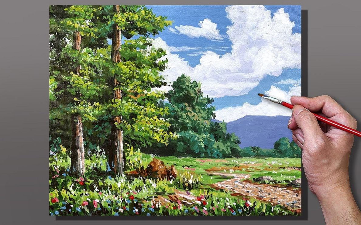 【丙烯画】【绘画教程】【中字】树林-acrylic painting tree meadow
