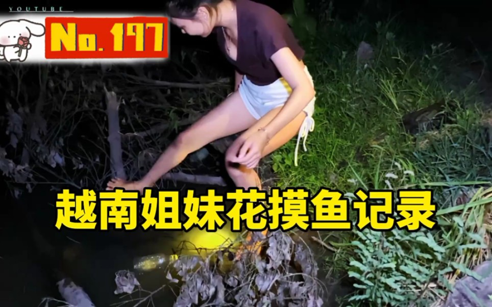 越南姐妹花深夜來田間水溝捕魚,自制的捕魚神器就是牛