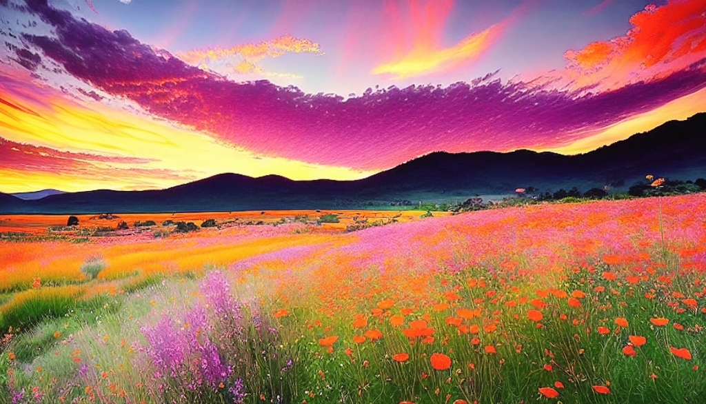 夕阳下的天空是一幅由桔子,粉红色和紫色构成的画布空气中弥漫着野花