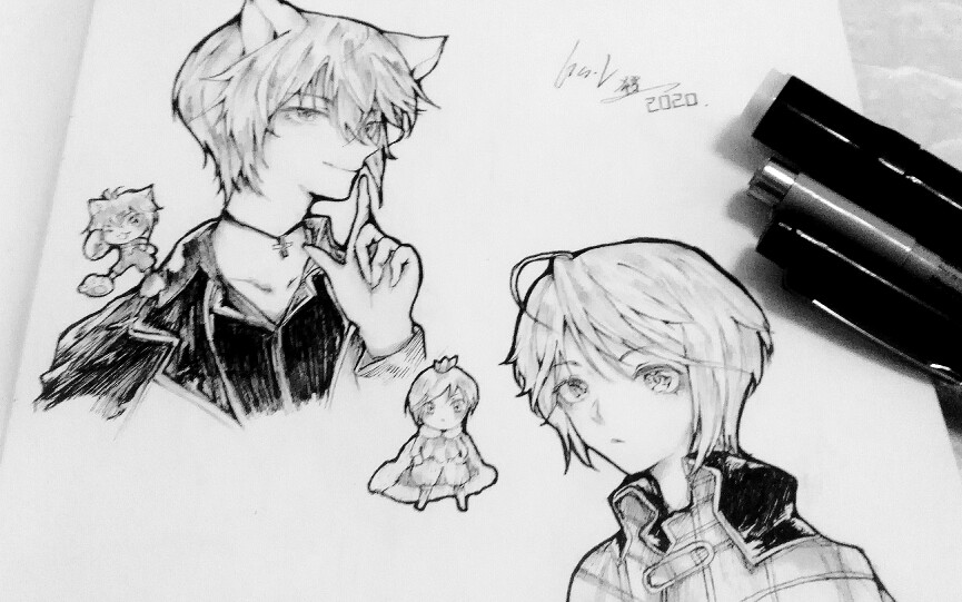 手绘画画童年男神几斗唯世黑白线稿勾线过程来了