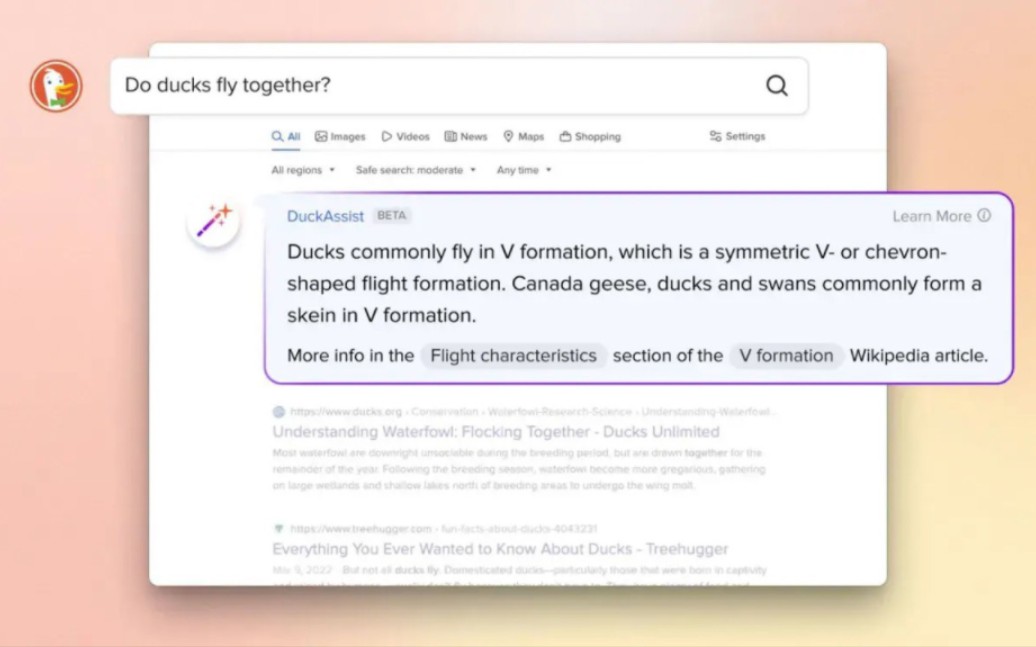 DuckDuckGo搜索引擎推出了AI工具DuckAssist测试版来帮助用户快速找到答案.哔哩哔哩bilibili