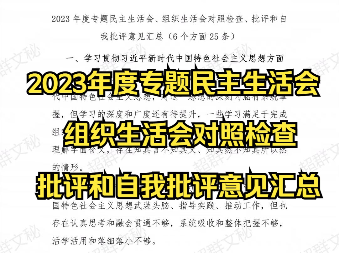 2023年度专题民主生活会、组织生活会对照检查、批评和自我批评意见汇总(6个方面25条) 最新范文哔哩哔哩bilibili