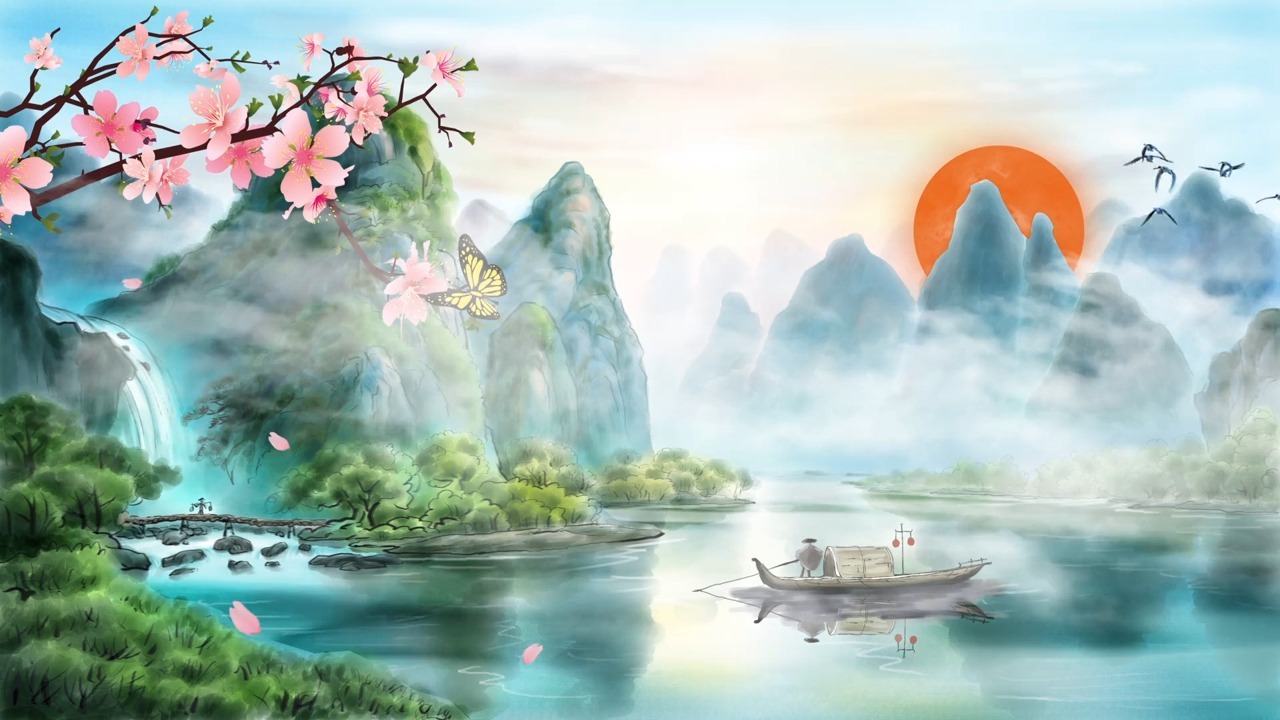 037中国风唯美水墨古风山水画意境春天背景led视频素材