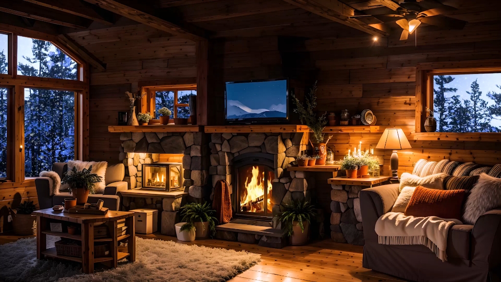 温暖的暴风雪森林木屋氛围伴着柴火燃烧的声音入睡刺骨的冷风声可以