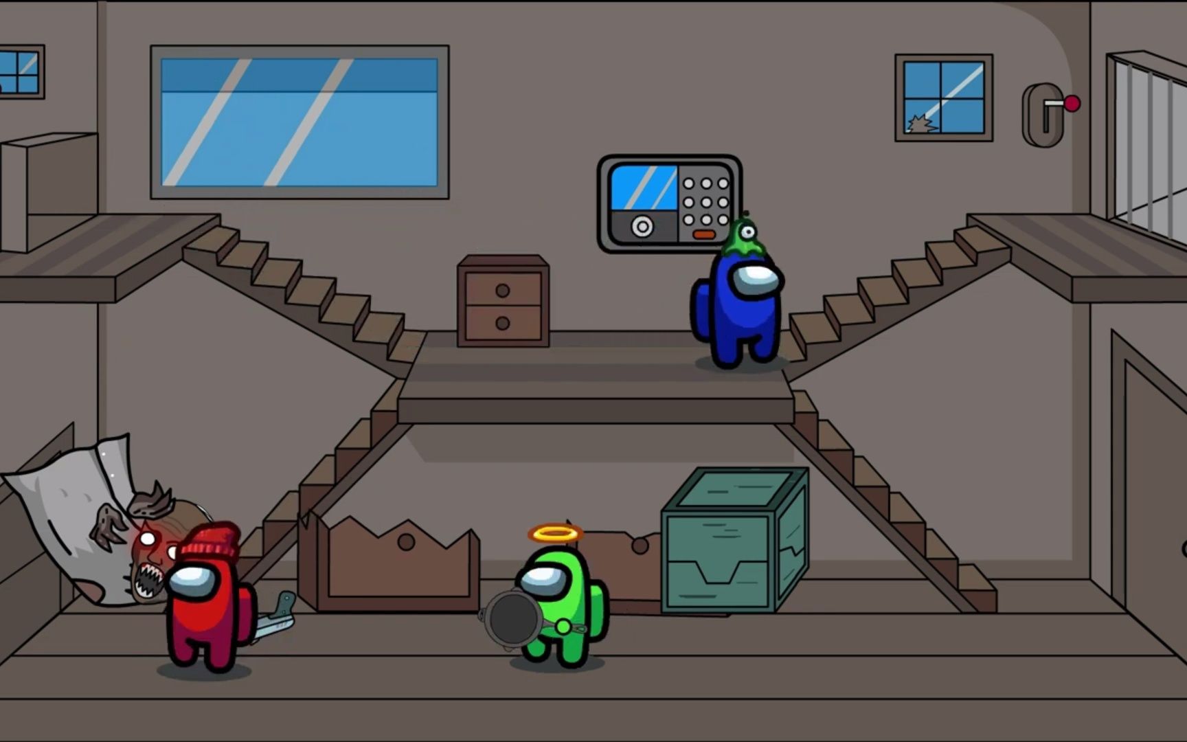 绿色太空船员将平底锅当盾牌