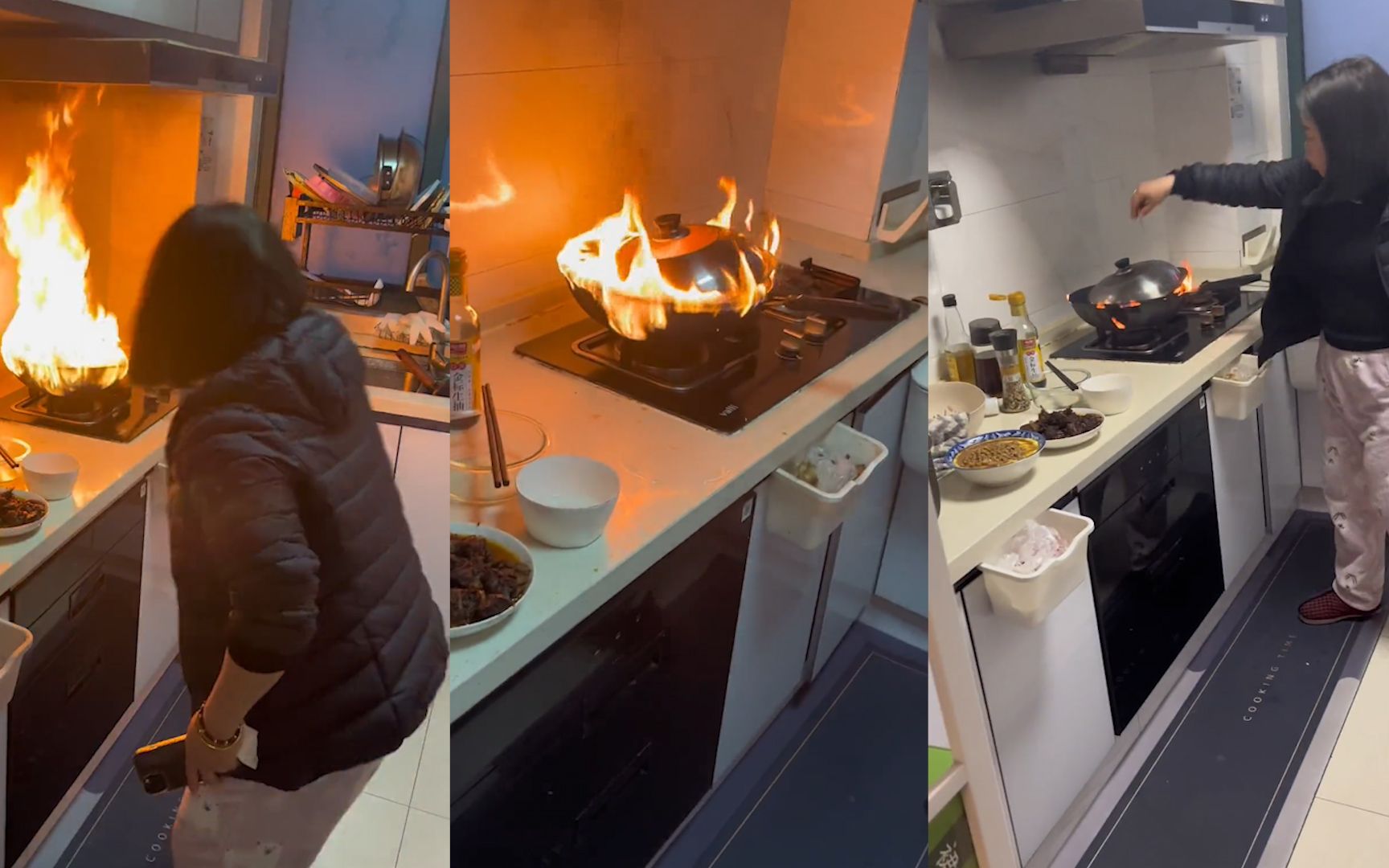 女子做饭时见油锅起火,手足无措激动大喊怎么搞,丈夫反应太淡定