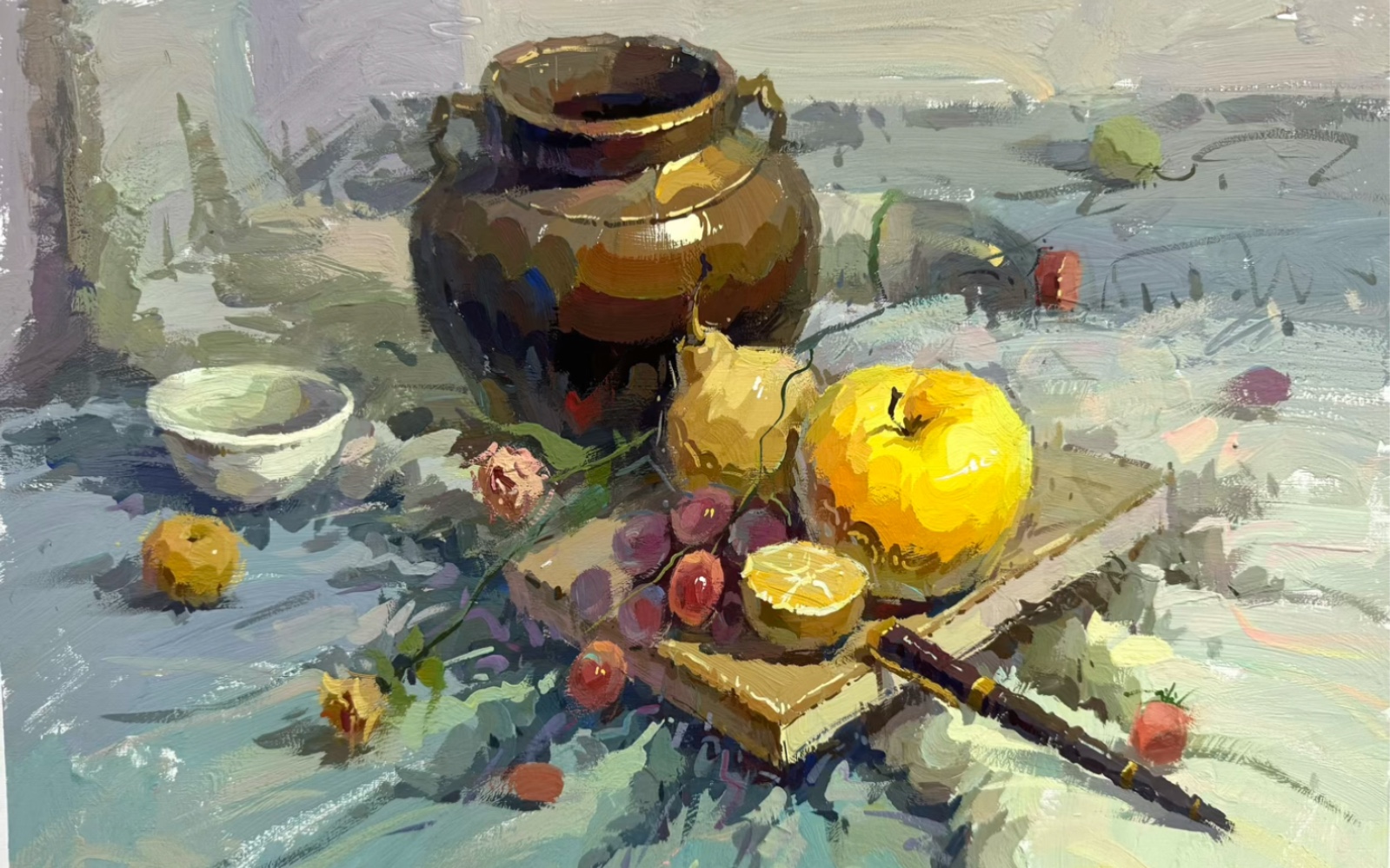 色彩静物黑色陶罐加水果