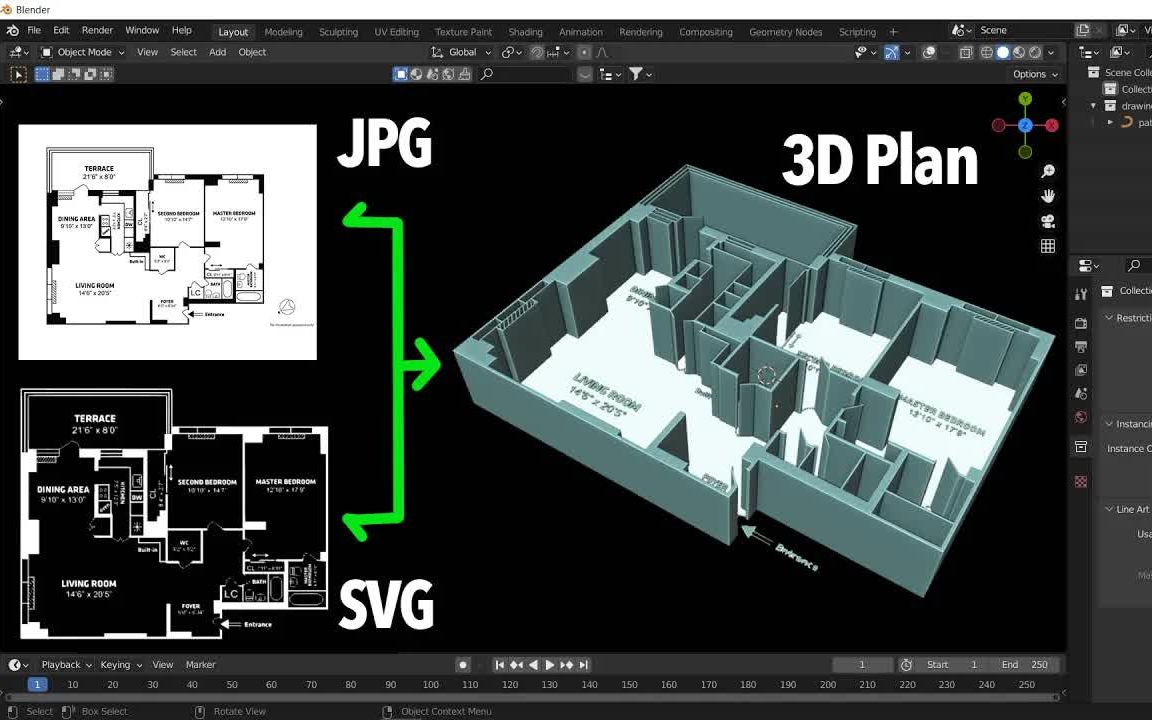 iblender中文版插件 如何将 jpg 图像转换为 3d 平面图