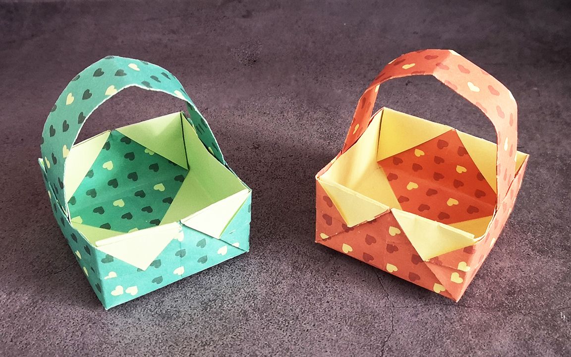 手工折纸花篮,步骤简单,当收纳盒也不错!