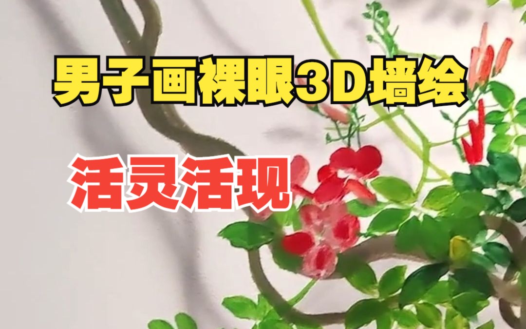 男子自己摸索裸眼3D墙绘,所画绿植活灵活现如实物哔哩哔哩bilibili