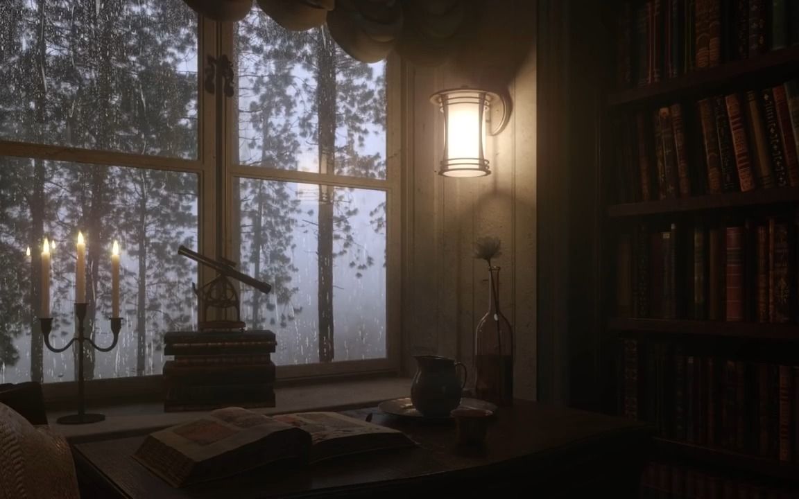 【白噪音】阴雨天在温暖的欧式书房静心阅读|雷雨声_高清 720p