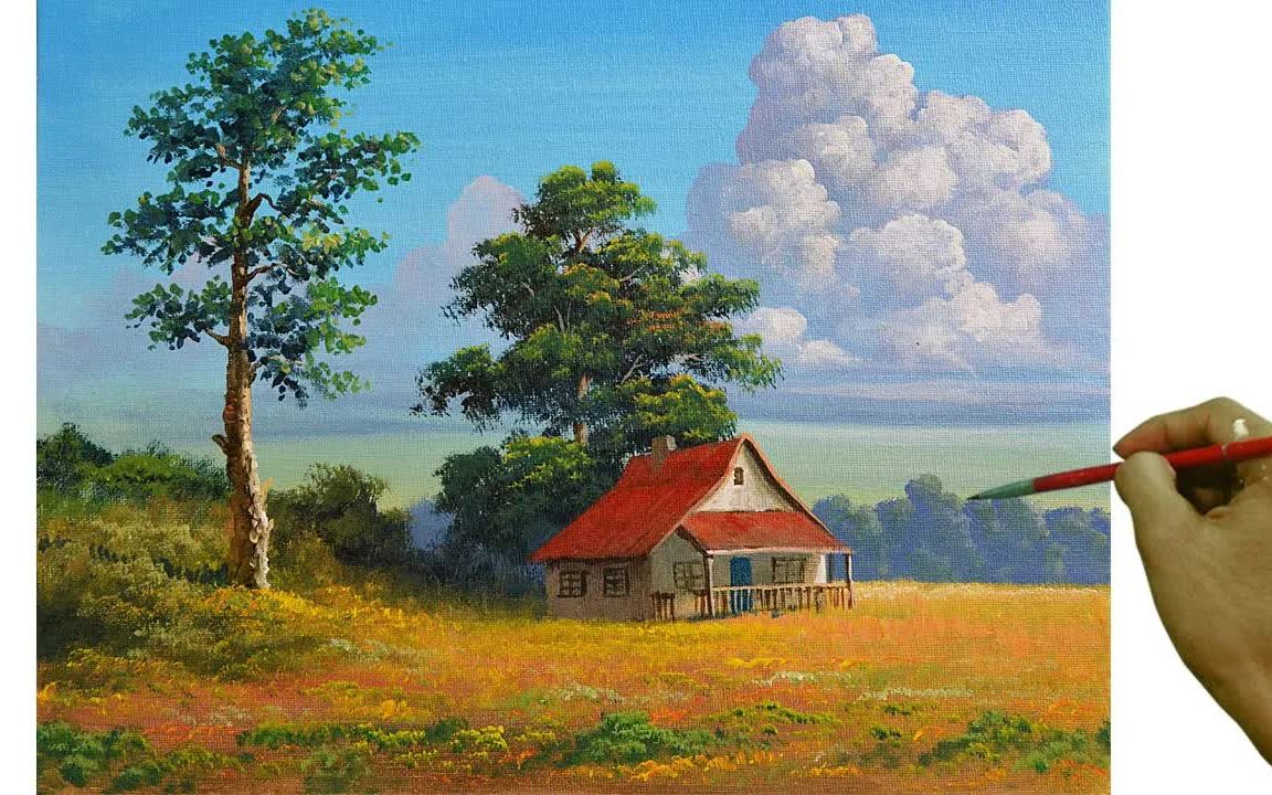 【丙烯画】【绘画教程】草甸上的小房子-acrylic landscape painting