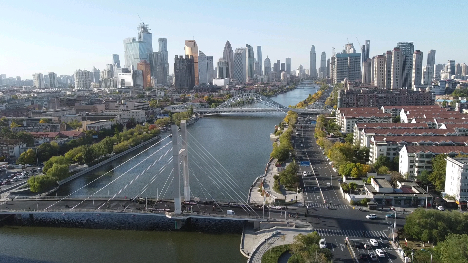 天津海河第二段(直沽桥至国泰桥)航拍,一镜到底