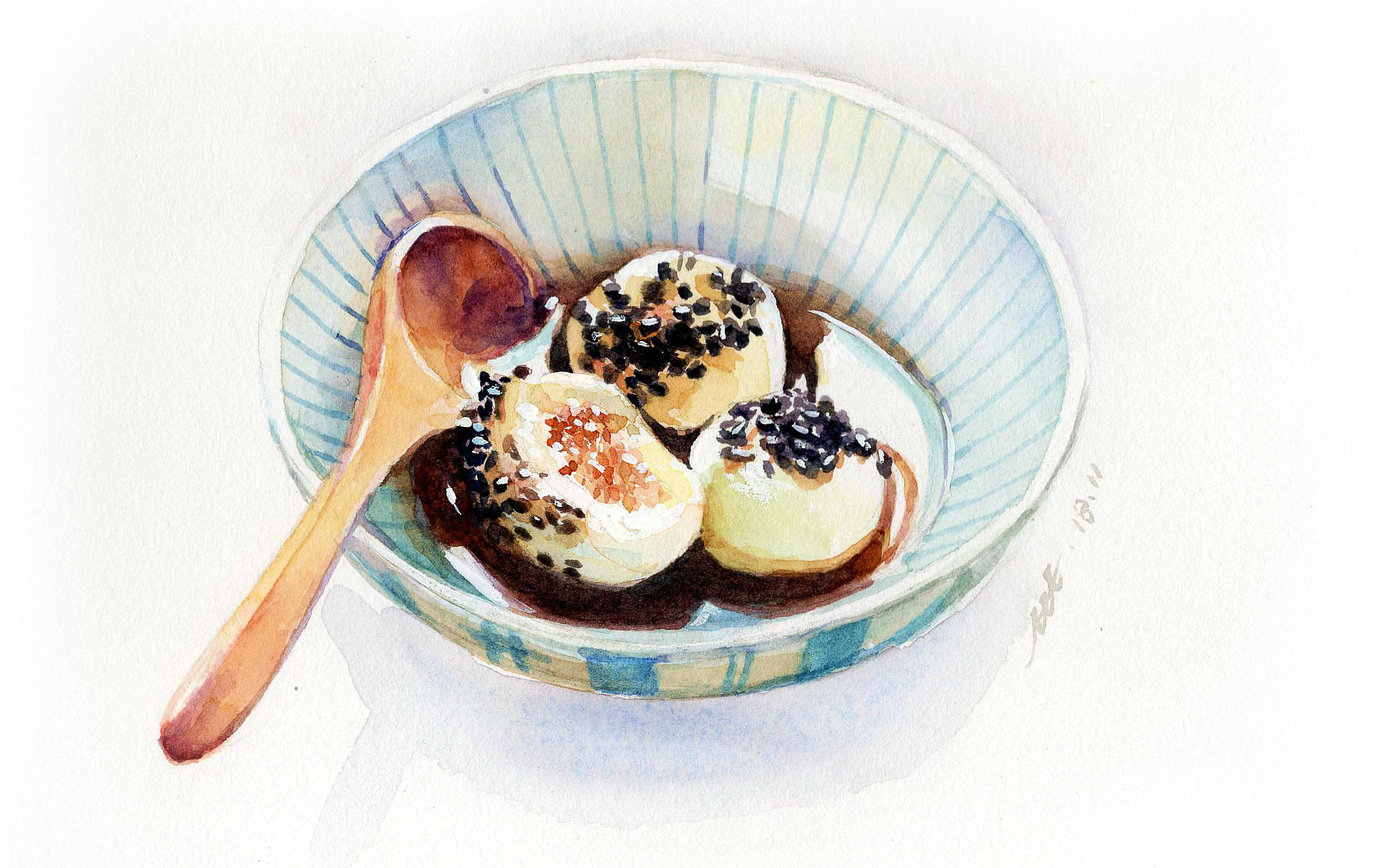 【水彩甜品】甜腻腻的芝麻汤圆