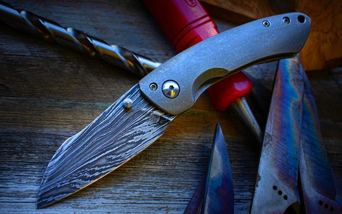 整把钛合金大马士革折刀|making a damascus titanium folding knife