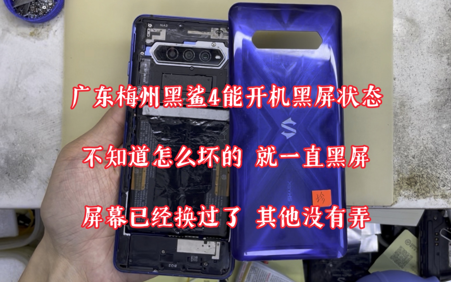 广东梅州黑鲨4能开机黑屏状态,不知道怎么坏的 就一直黑屏,其他功能都