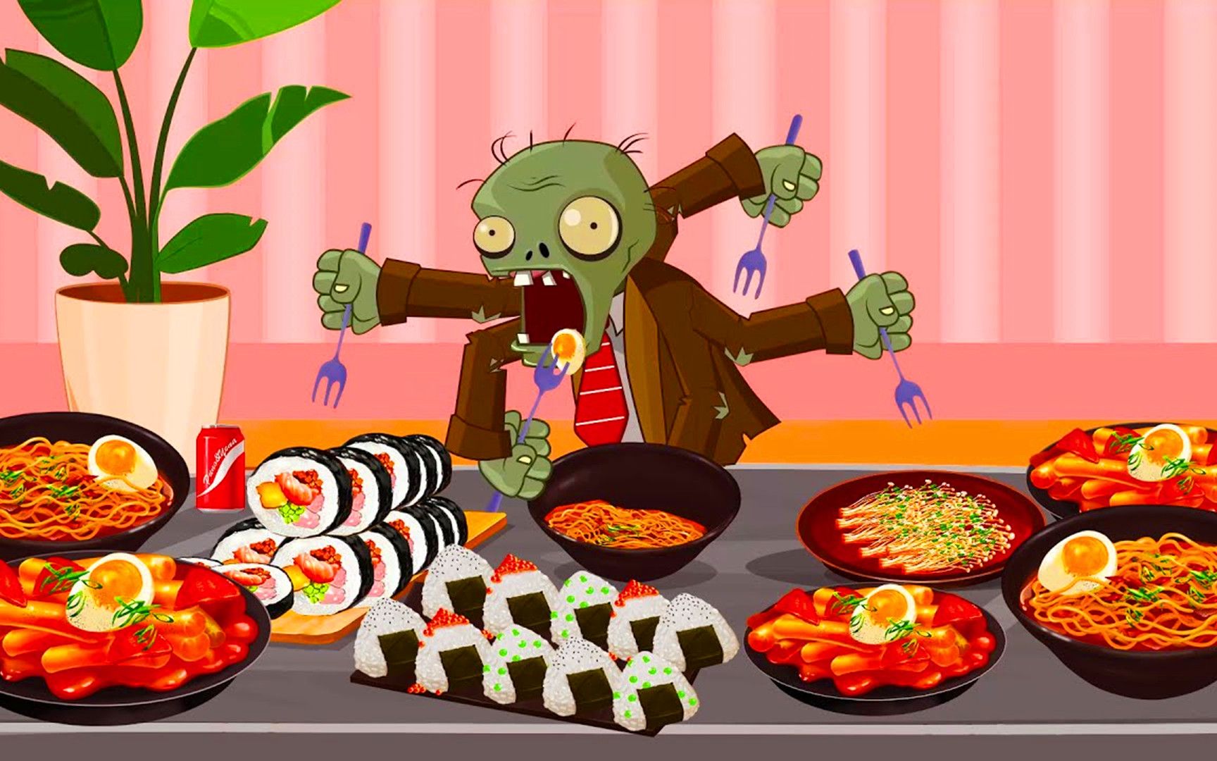 植物大战僵尸动画:绅士僵尸狂炫桌上美食,拉面vs寿司,哪个更美味?