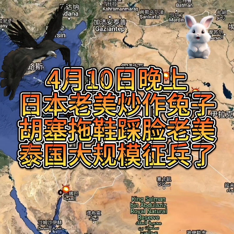 4月10日晚上,日本老美炒作兔子,胡塞拖鞋踩脸老美,泰国大规模征兵