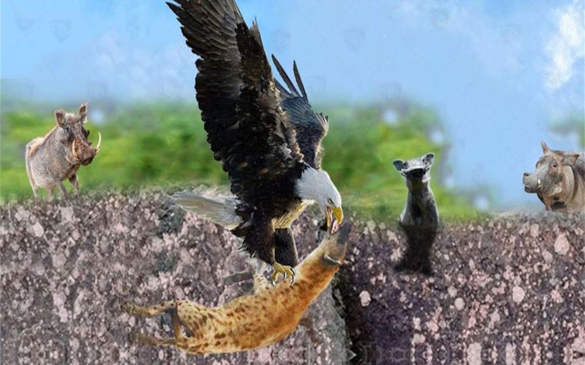 老鹰vs鬣狗,空中霸主真正的力量,老鹰抢劫疣猪!