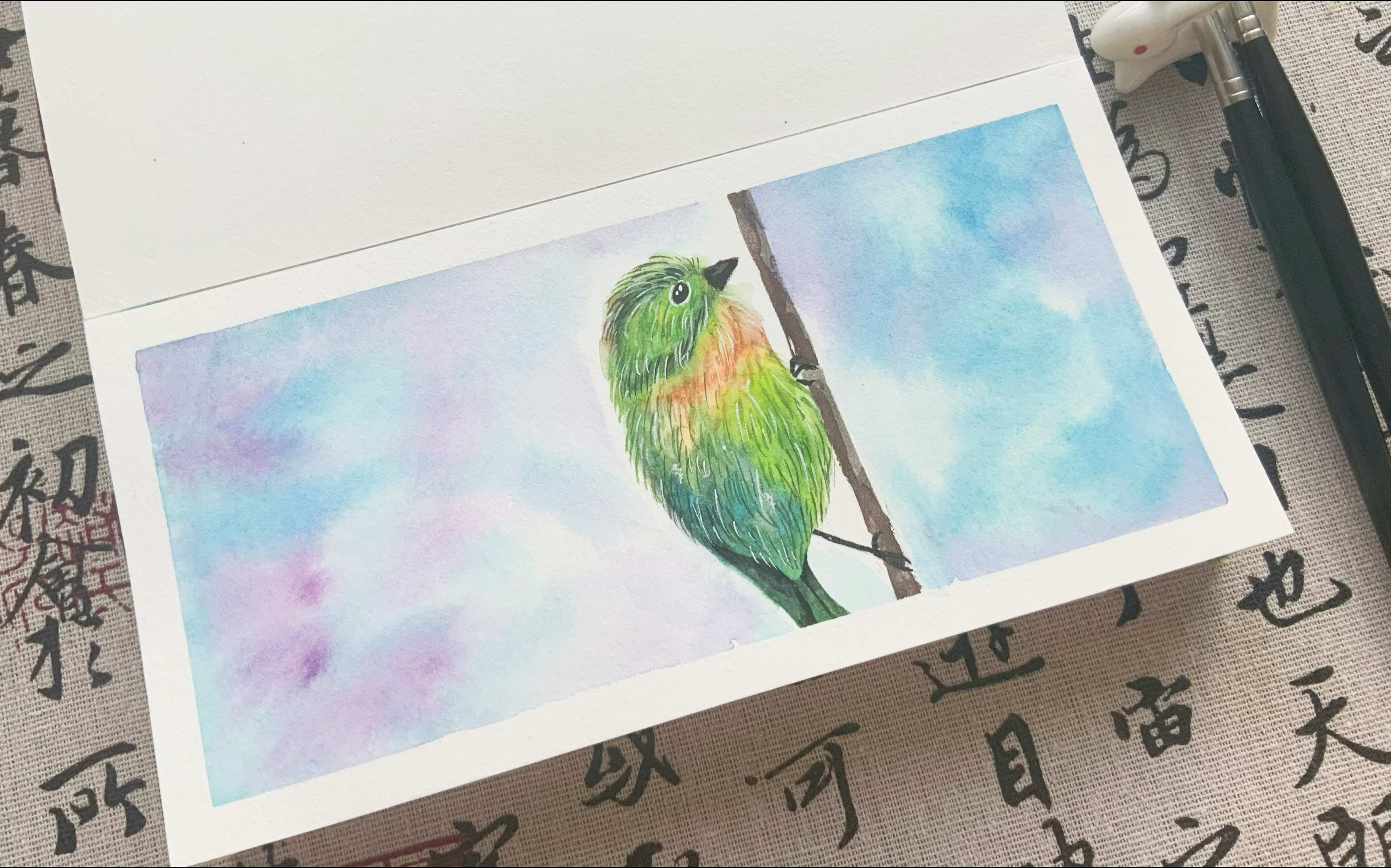 水彩插画小鸟过程