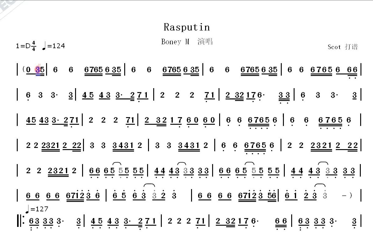 [图]【荷东迪斯科】Rasputin（Boney M演唱）--动态简谱