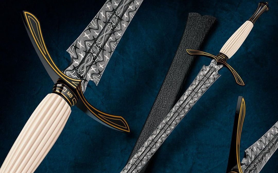 重器来袭凯利罗耶猛犸化石手柄镶嵌24k金丝蓝钢护手马赛克大马士革剑