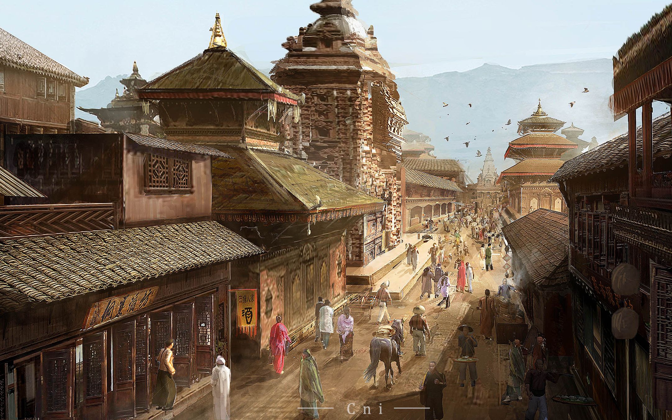 【ps场景概念】影视场景概念设计,古代市井场景气氛图绘画全过程