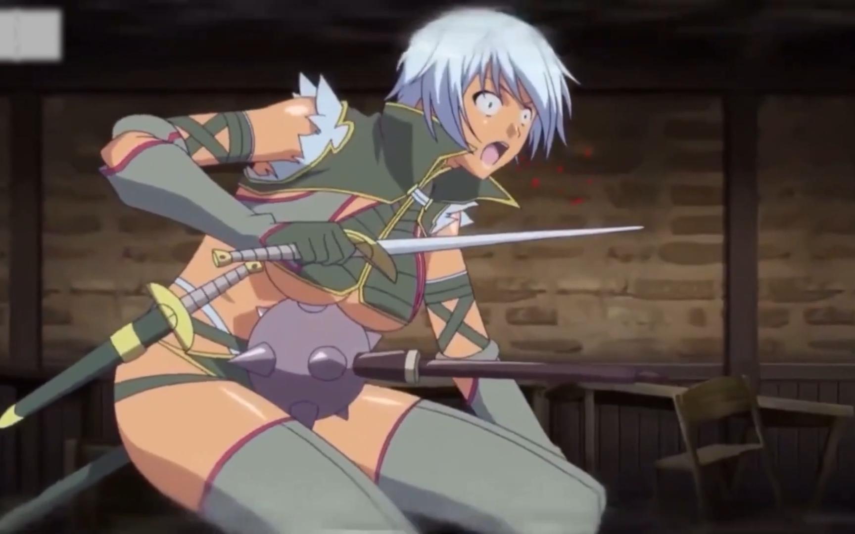 动漫蓝发美女被大锤子击中腹部