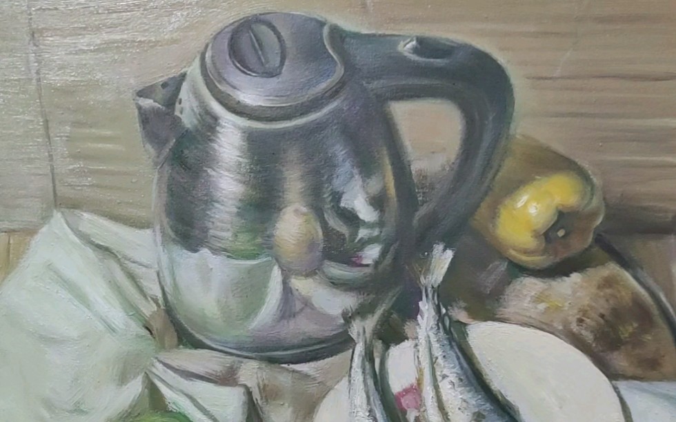 更新一张油画静物习作,重点画鱼干和水壶