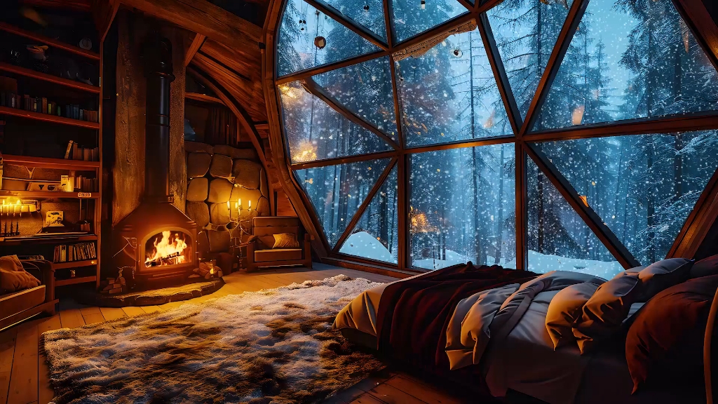 冬季温馨木屋氛围噼啪作响的柴火燃烧声助眠放松的雪地场景asmr