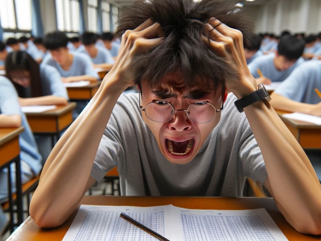 让ai画考试前一天熬夜复习的大学生