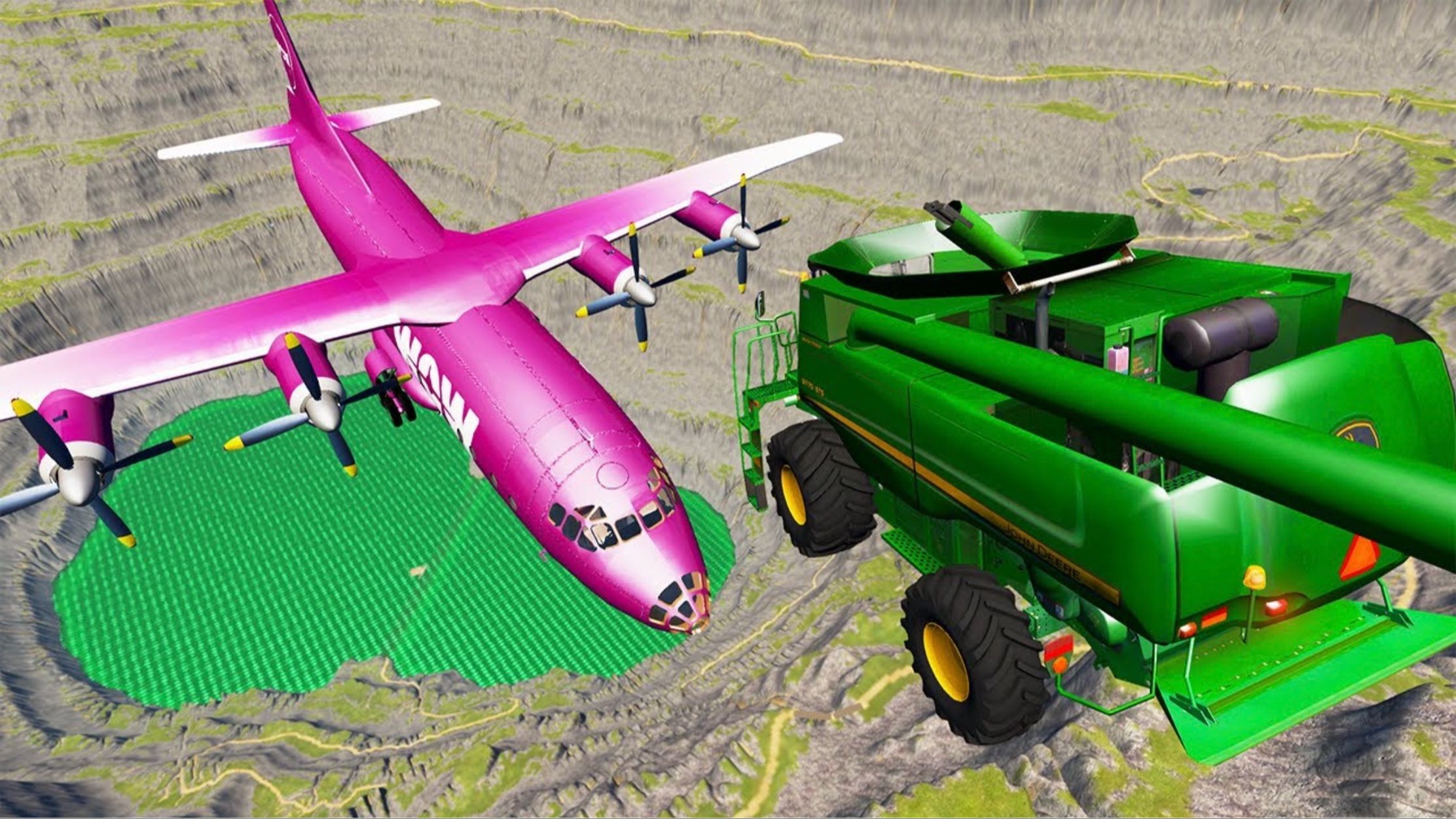 联合收割机,双层轿车和大巴车玩跳水飞跃超大采矿坑,beamng