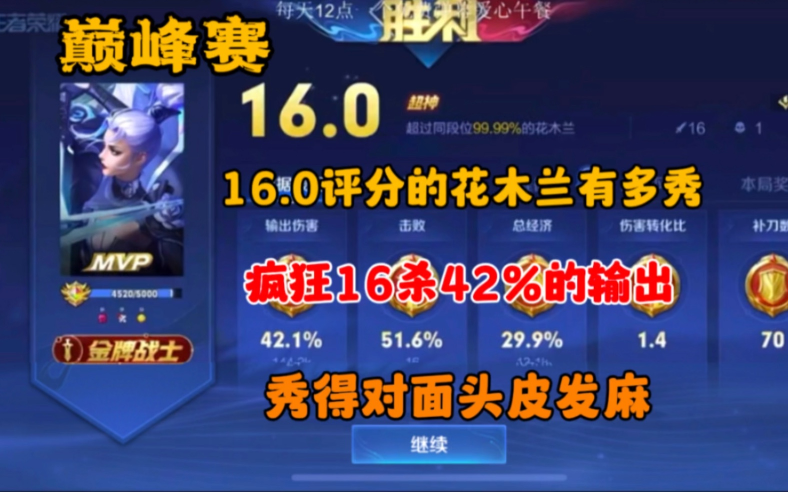 16.0评分的花木兰有多秀?一人狂秀对面五人,疯狂16杀打了42%的输出伤害!哔哩哔哩bilibili王者荣耀