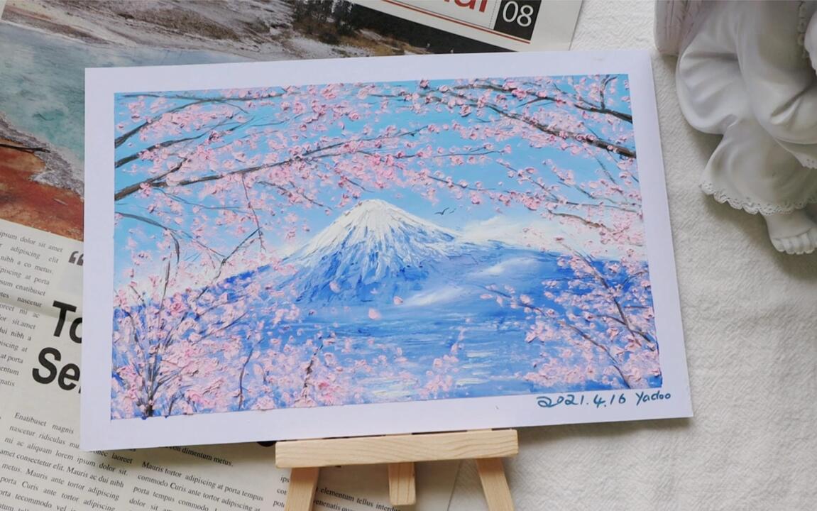 油画棒·樱花🌸下的富士山🗻～绘画全过程_哔哩哔哩_bilibili