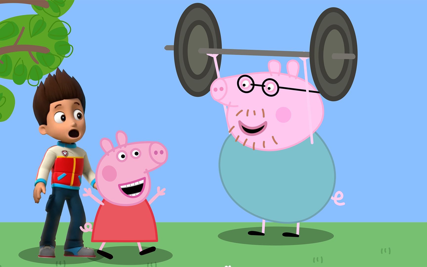 小猪佩奇和汪汪队立大功莱德一起帮助猪爸爸搬运大杠铃
