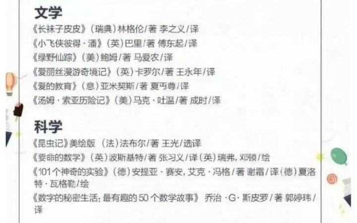 [图]为1-6年级学生推荐的这90本经典书目