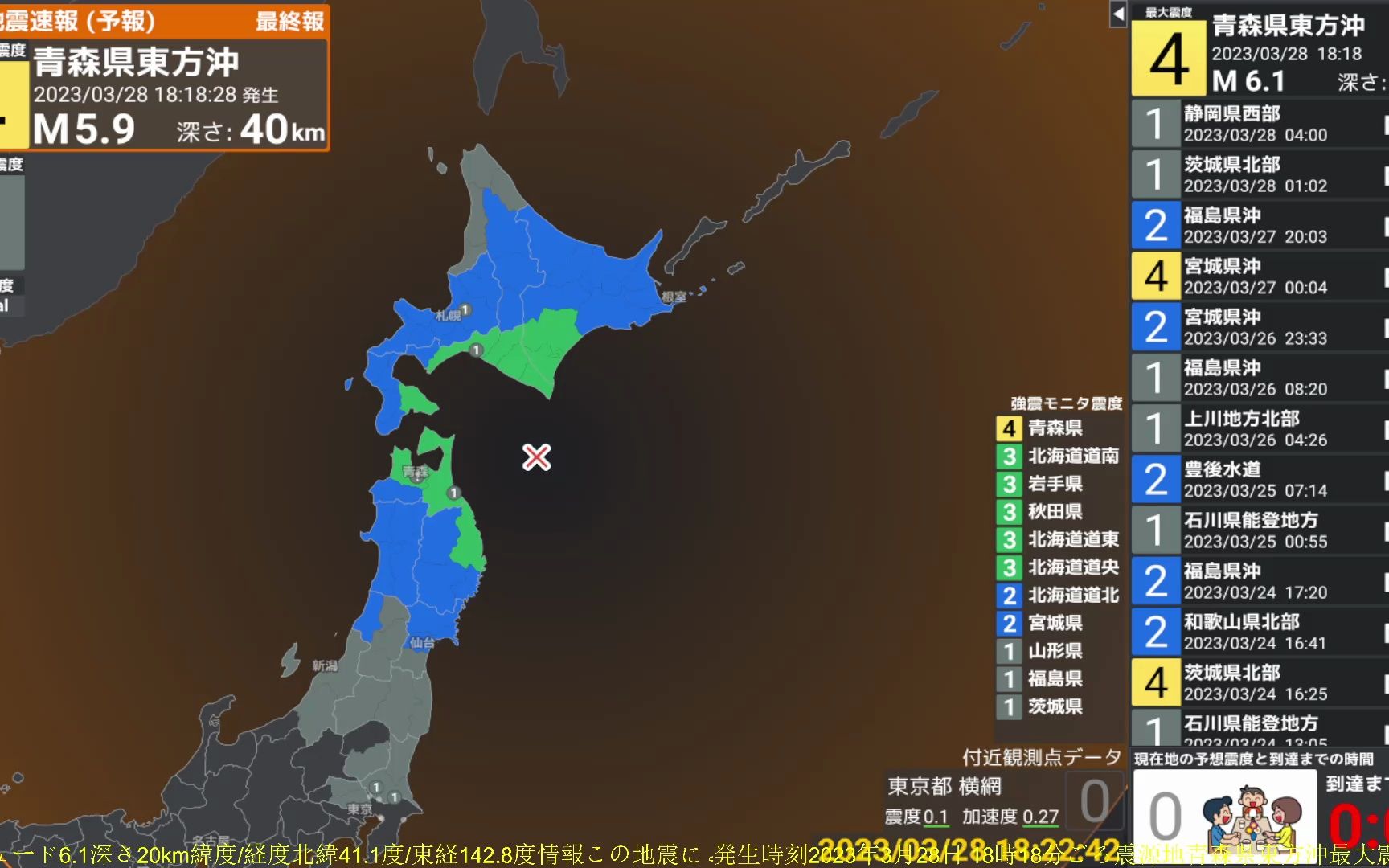 中国地震台网[正式测定] 发震时刻: 20230328 17:18:28 震中: 日本北海道地区(北纬41.2度,东经142.8度) 震级: M6.1哔哩哔哩bilibili