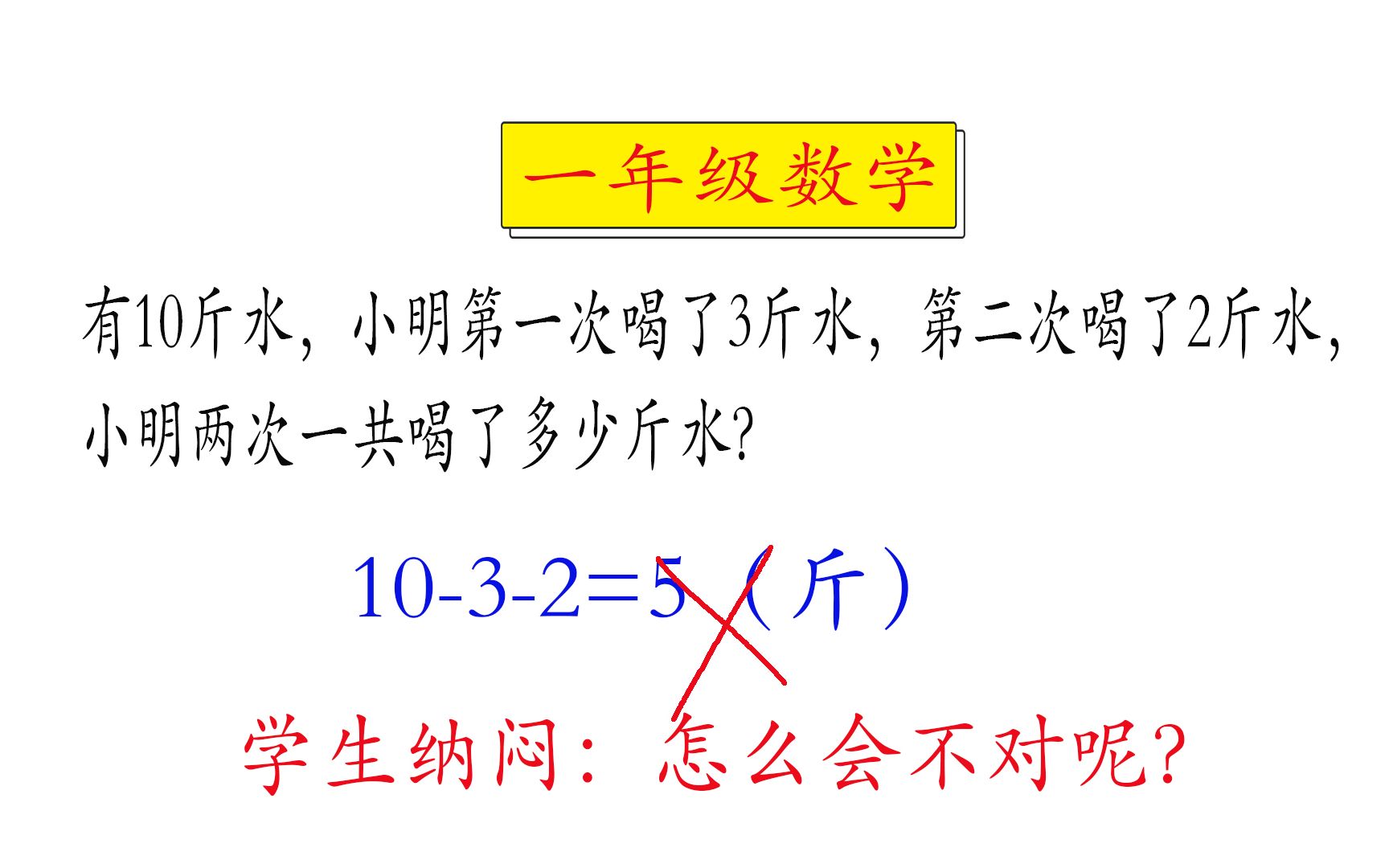 【一年级数学】有10斤水,小明第一次喝了3斤水,第二次喝了2斤水,小明两次一共喝了多少斤水?哔哩哔哩bilibili