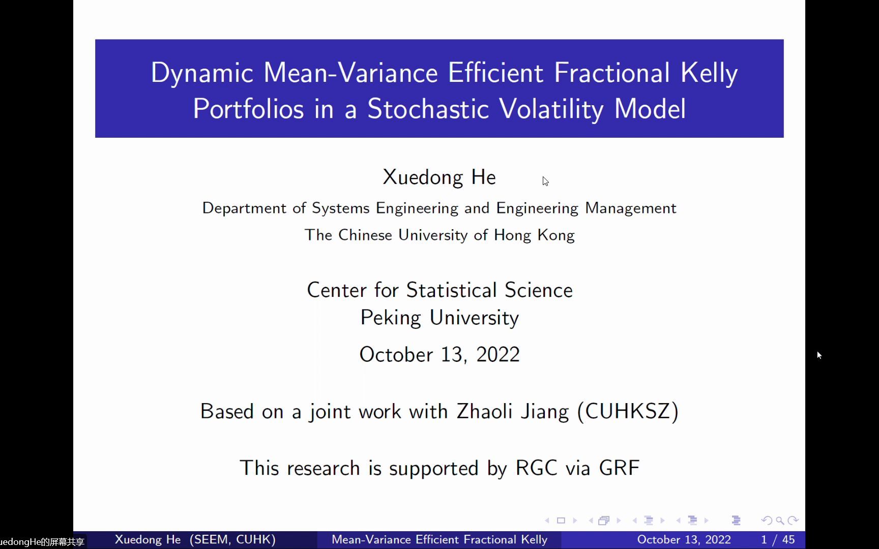 [图]Dynamic Mean-Variance Efficient Fractional Kelly Portfolios in a SVM-Xuedong He