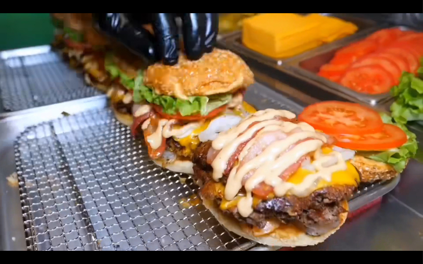 韩国街头美食美式厚芝士汉堡,深夜放毒沉浸式白噪音解压治愈放松催眠