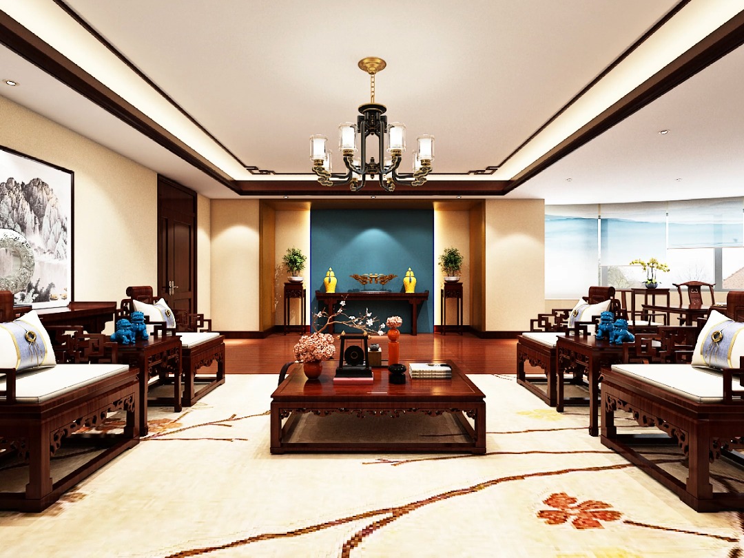 新古典中式办公室红木整装设计效果,中式会所红木整装,专业中式红木