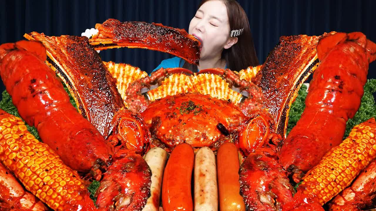 【韩国吃播】优待排骨&满满的龙虾, 美式蒸海鲜!