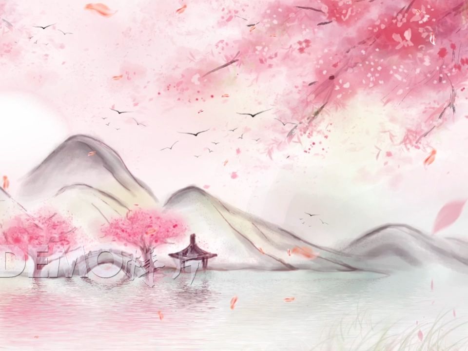 y1194 春山行 歌曲配乐 抖音神曲古风中国风桃花花瓣飘落江南水乡水墨